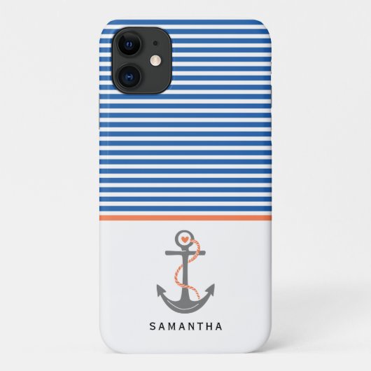 Grijze anker en blauwe, witte strepen koraal nauti Case-Mate iPhone case (Achterkant)