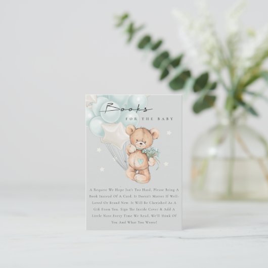 Grijze Aqua Blue Beer ballonboeken voor Baby showe Informatiekaartje (Staand voorkant)