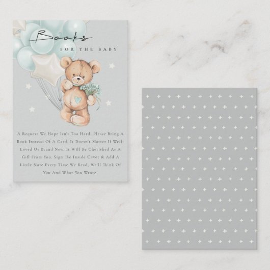 Grijze Aqua Blue Beer ballonboeken voor Baby showe Informatiekaartje (Voorkant / Achterkant)