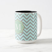 Grijze Aqua Chevron Stripes Monogram Tweekleurige Koffiemok (Voorkant rechts)
