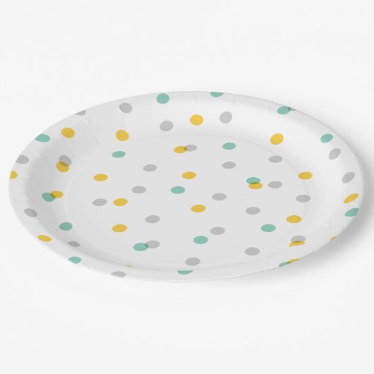 Grijze Aqua en Gele Confetti Stippen Papieren Bordje (Gekanteld)