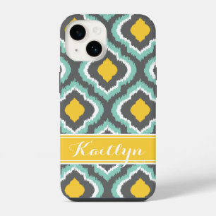 Grijze Aqua en Gele Ikat Marokkaanse Monogram iPhone 14 Hoesje