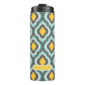 Grijze Aqua en Gele Ikat Marokkaanse Monogram Thermosbeker (Voorkant)