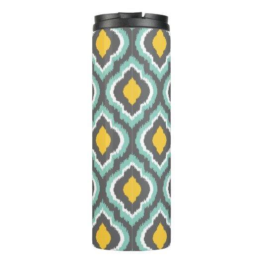 Grijze Aqua en Gele Ikat Marokkaanse Monogram Thermosbeker (Achterkant)