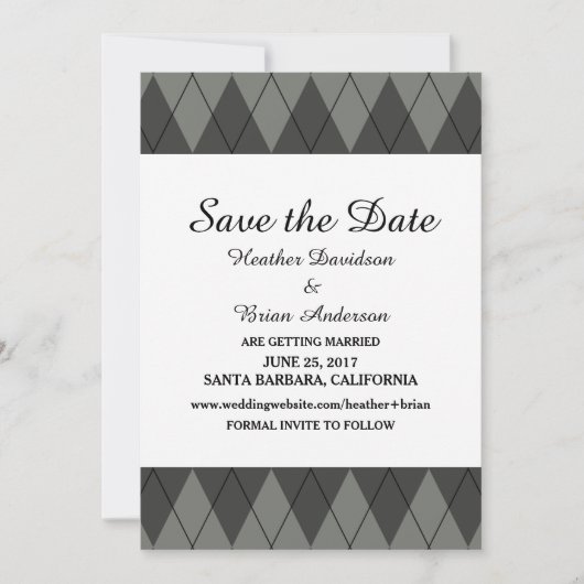 Grijze Argyle Save the Date Uitnodiging (Voorkant)