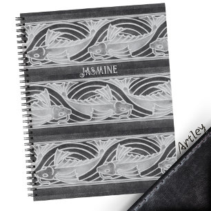 Grijze Art Nouveau Vis in Golven Custom Name Notitieboek