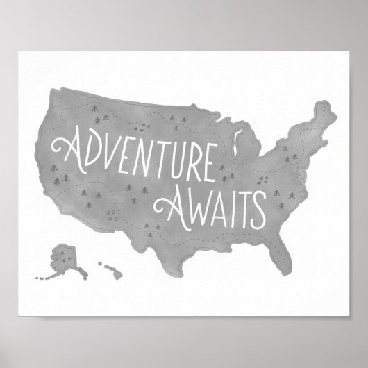 Grijze Avontuur Wacht US Kaart Kinderkamer Decor Poster (Voorkant)