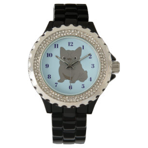 Grijze baby Franse Bulldog, blauw, Kijk Horloge