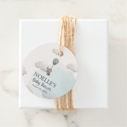 Grijze Baby olifant, hete luchtballon in wolken Bedankjes Labels (In situ)