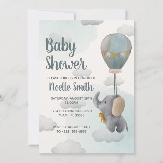 Grijze Baby olifant, hete luchtballon in wolken Kaart (Voorkant)