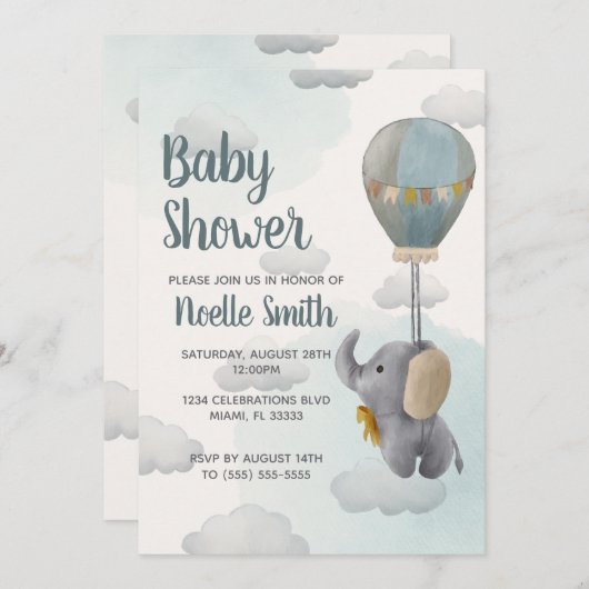 Grijze Baby olifant, hete luchtballon in wolken Kaart (Voorkant / Achterkant)
