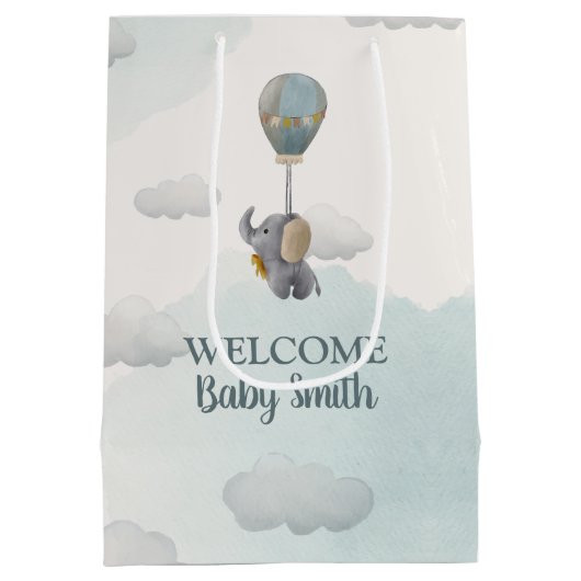 Grijze Baby olifant, hete luchtballon in wolken Medium Cadeauzakje (Achterkant)