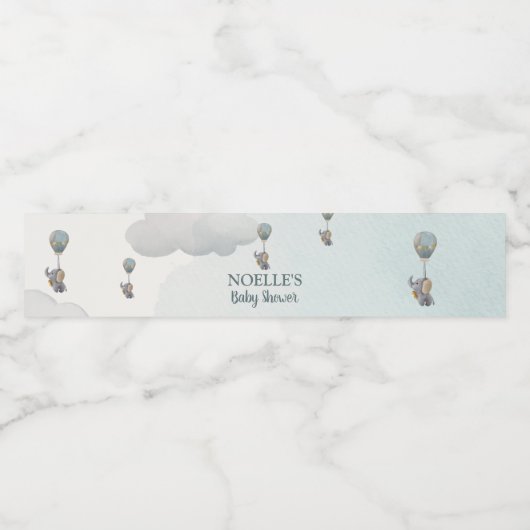 Grijze Baby olifant, hete luchtballon in wolken Waterfles Etiket (Enkel label)