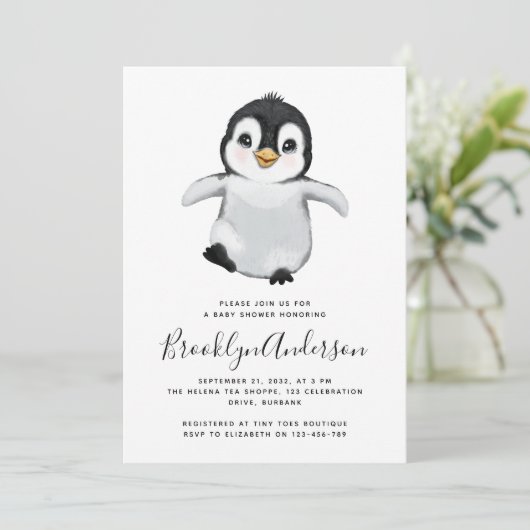 Grijze Baby shower Penguin Kaart (Staand voorkant)