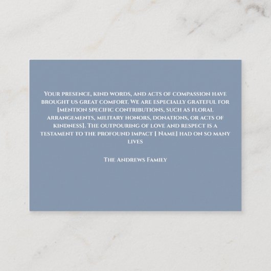 Grijze begrafenis gedenkteken van familie Dank u k Visitekaartje (Achterkant)