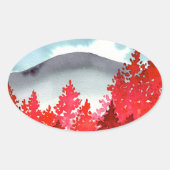 Grijze berg met rode bomen Waterverf Ovale Sticker (Voorkant)