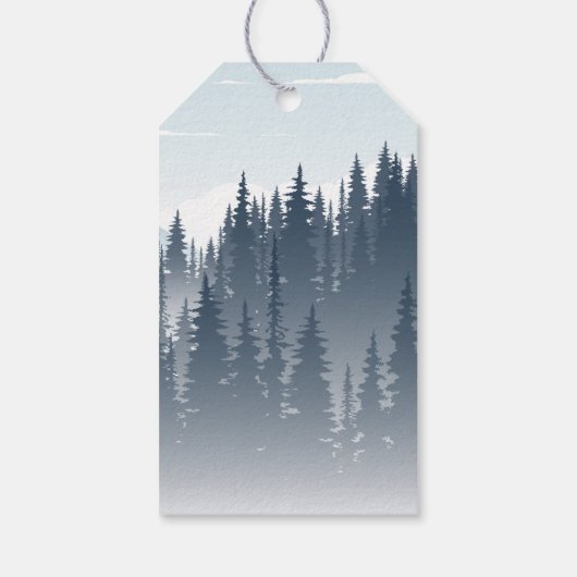 Grijze berg mist bos wildernis winter bruiloft cadeaulabel (Achterkant)