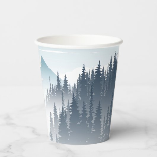 Grijze berg mist bos wildernis winter bruiloft papieren bekers (Achterkant)