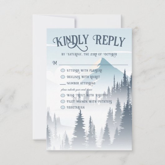 Grijze berg mist bos wildernis winter bruiloft RSVP kaartje (Voorkant)