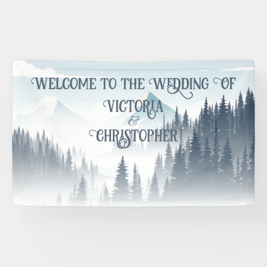 Grijze berg mist bos wildernis winter bruiloft spandoek (Horizontaal)