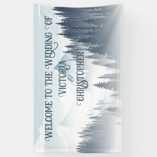 Grijze berg mist bos wildernis winter bruiloft spandoek (Verticaal)