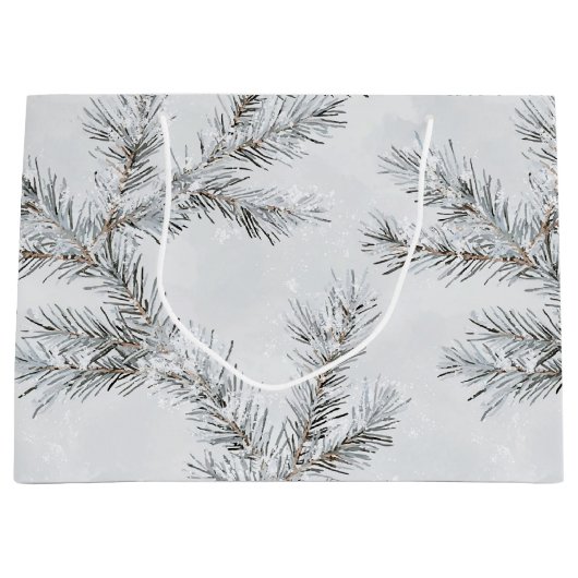 Grijze besneeuwde kerstboomtakken groot cadeauzakje (Voorkant)