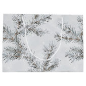 Grijze besneeuwde kerstboomtakken groot cadeauzakje (Achterkant)