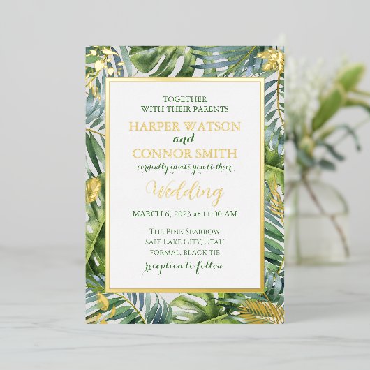 Grijze bladbladbladbladbladeren met een eenvoudige folie uitnodiging (Staand Voorkant)