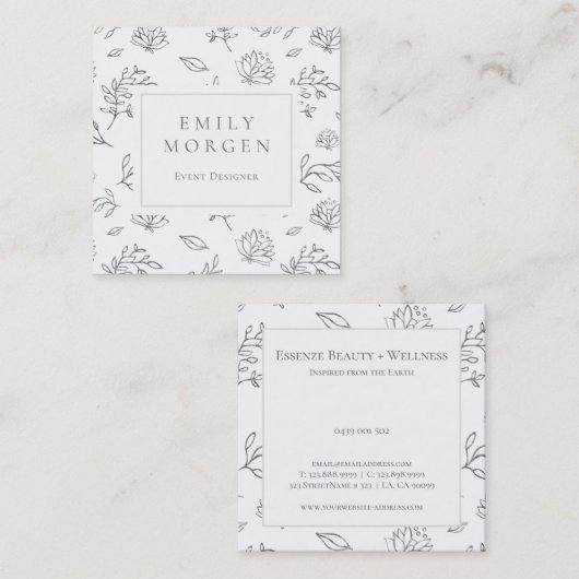 Grijze bladeren en bloemen omtrek illustratie vierkante visitekaartje (Voorkant / Achterkant)