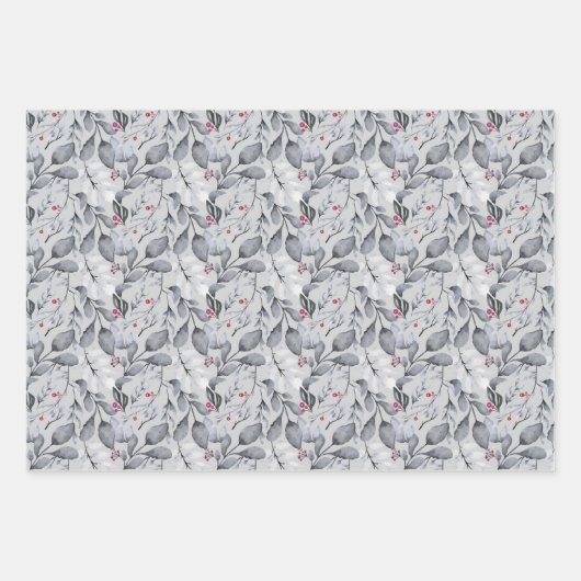 Grijze bladeren en rode bessen die papierbladen ov inpakpapier vel (Voorkant 3)