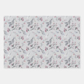 Grijze bladeren en rode bessen op rood, blauw, zwa inpakpapier vel (Voorkant 3)