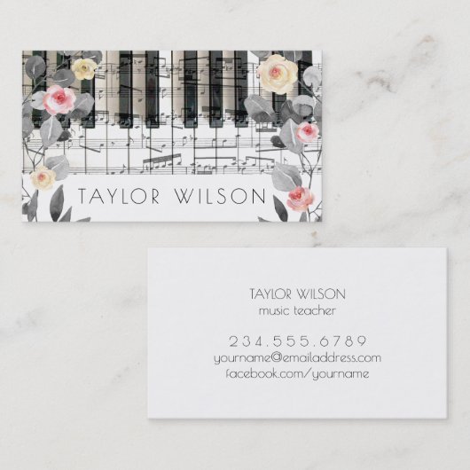 Grijze bladeren en rozen pianist muziekleraar visitekaartje (Voorkant / Achterkant)