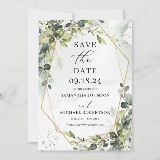 Grijze bladeren eucalyptus bladeren goud geometris save the date (Voorkant)