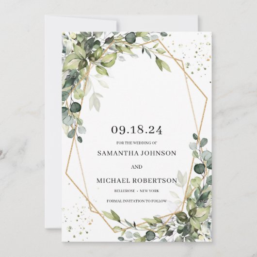 Grijze bladeren eucalyptus bladeren goud geometris save the date (Voorkant)