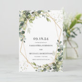Grijze bladeren eucalyptus bladeren goud geometris save the date (Staand voorkant)