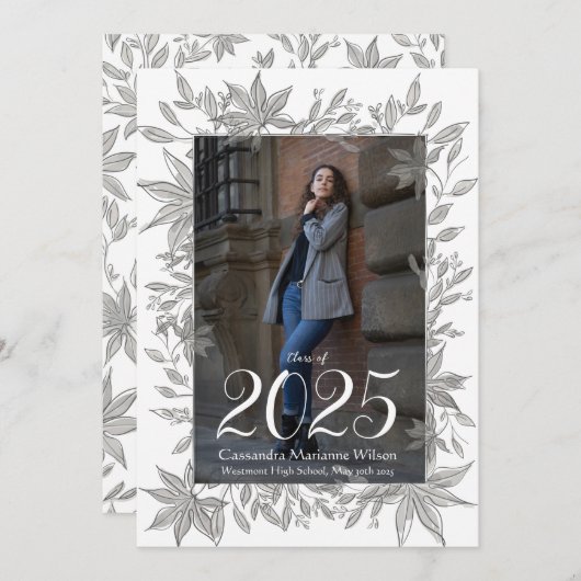 Grijze bladeren Foto-Afstuderen aankondiging (Voorkant / Achterkant)