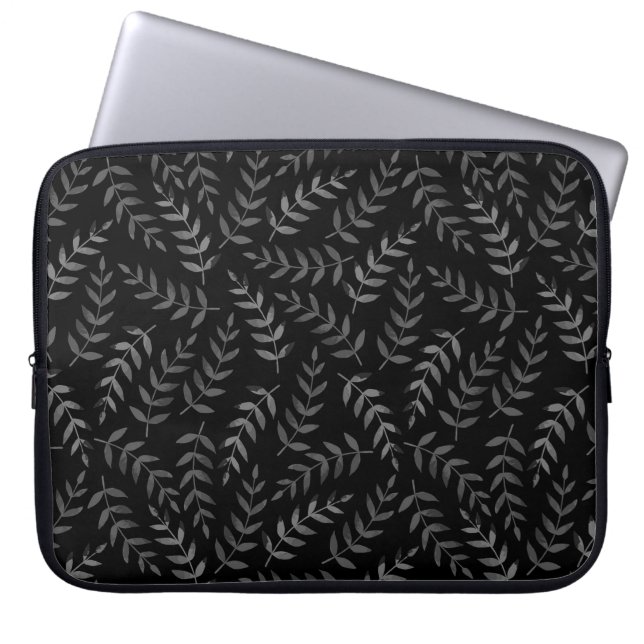 grijze bladeren patroon op zwart laptop sleeve (Voorkant)