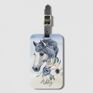 Grijze blauwe paard met bloemen gepersonaliseerde bagagelabel