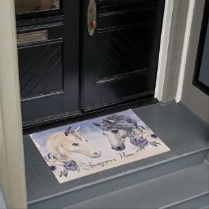 Grijze blauwe paard met bloemen gepersonaliseerde deurmat