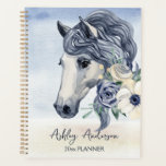 Grijze blauwe paard met bloemen gepersonaliseerde planner<br><div class="desc">Grijze blauwe paarden met bloemen, gepersonaliseerd naamboek voor paardenliefhebbers.</div>