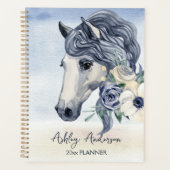 Grijze blauwe paard met bloemen gepersonaliseerde  planner (Voorkant)