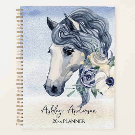 Grijze blauwe paard met bloemen gepersonaliseerde  planner (Voorkant)
