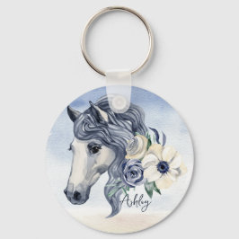 Grijze blauwe paard met bloemen gepersonaliseerde  sleutelhanger