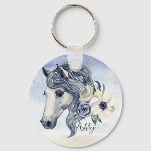 Grijze blauwe paard met bloemen gepersonaliseerde  sleutelhanger (Voorkant)