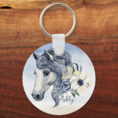 Grijze blauwe paard met bloemen gepersonaliseerde  sleutelhanger (Voorkant)