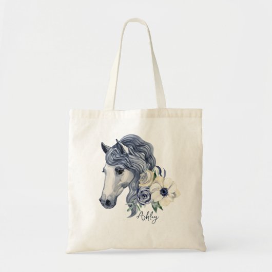 Grijze blauwe paard met bloemen gepersonaliseerde  tote bag (Voorkant)