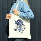 Grijze blauwe paard met bloemen gepersonaliseerde  tote bag