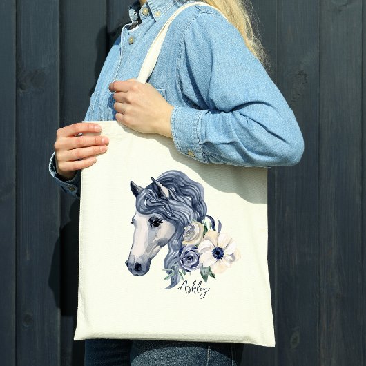 Grijze blauwe paard met bloemen gepersonaliseerde  tote bag