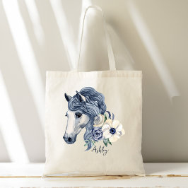 Grijze blauwe paard met bloemen gepersonaliseerde  tote bag
