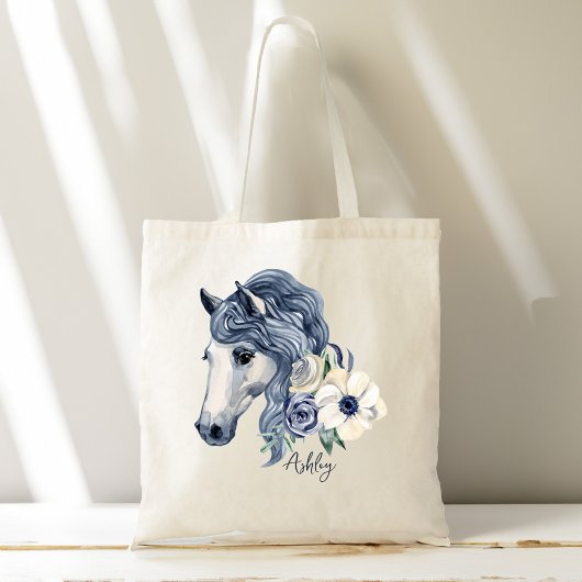 Grijze blauwe paard met bloemen gepersonaliseerde  tote bag